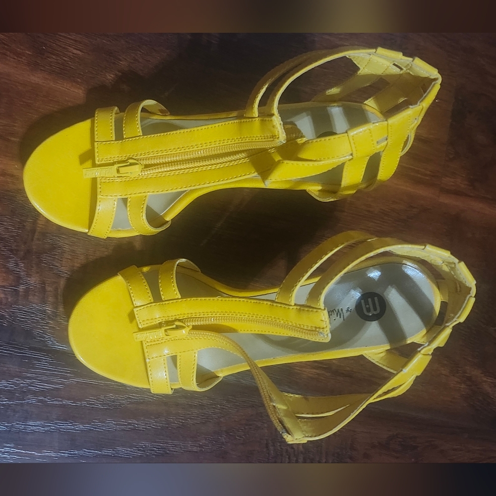Vibrant Yellow Sandals with Glossy Straps and Moderate Heel